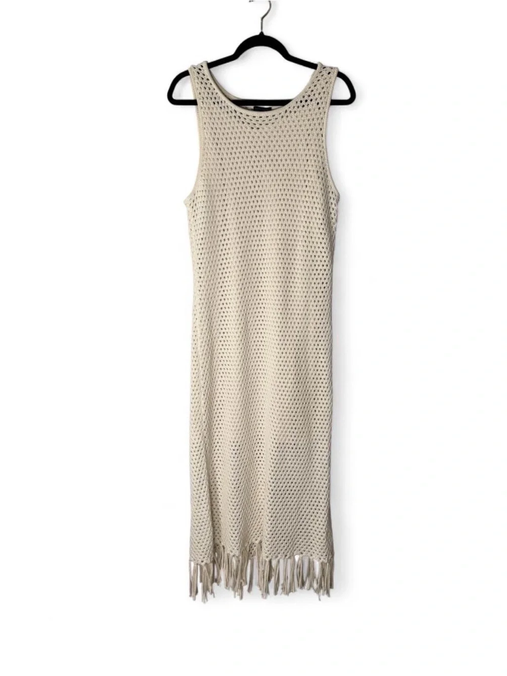 Vince Camuto Ivory crochet dress with fringe, size L EUC